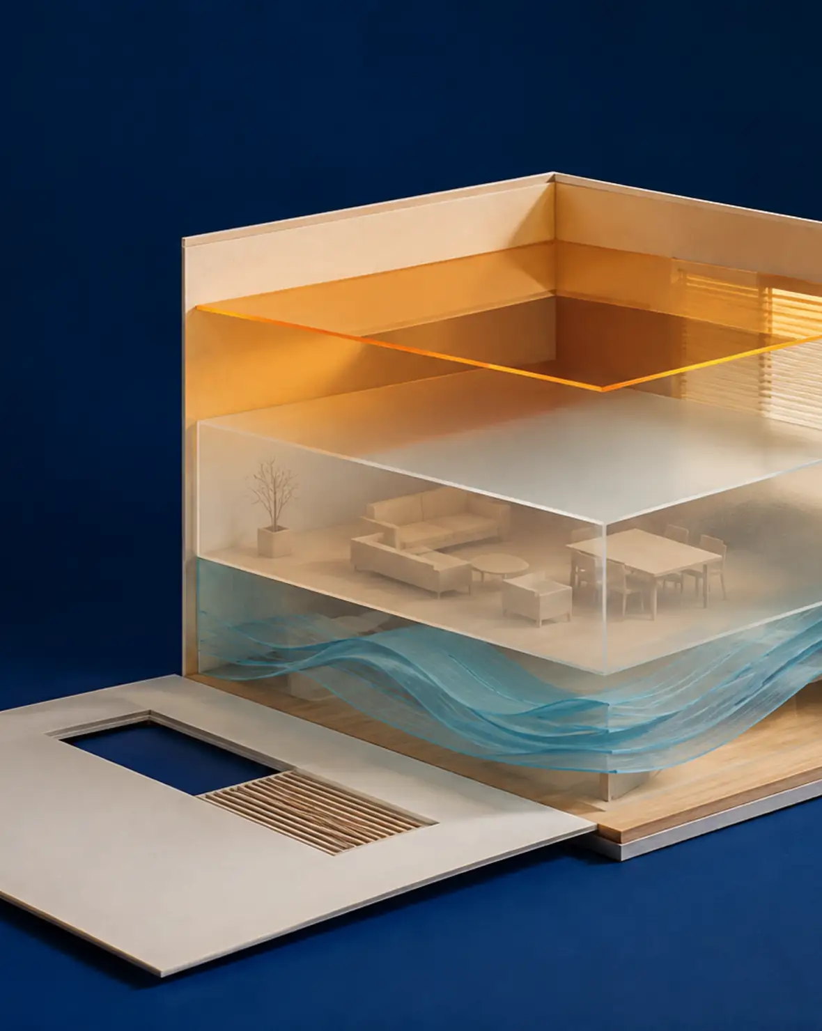 Maqueta de una estancia seccionada por planos translúcidos que representan sol, volumen y flujo de aire